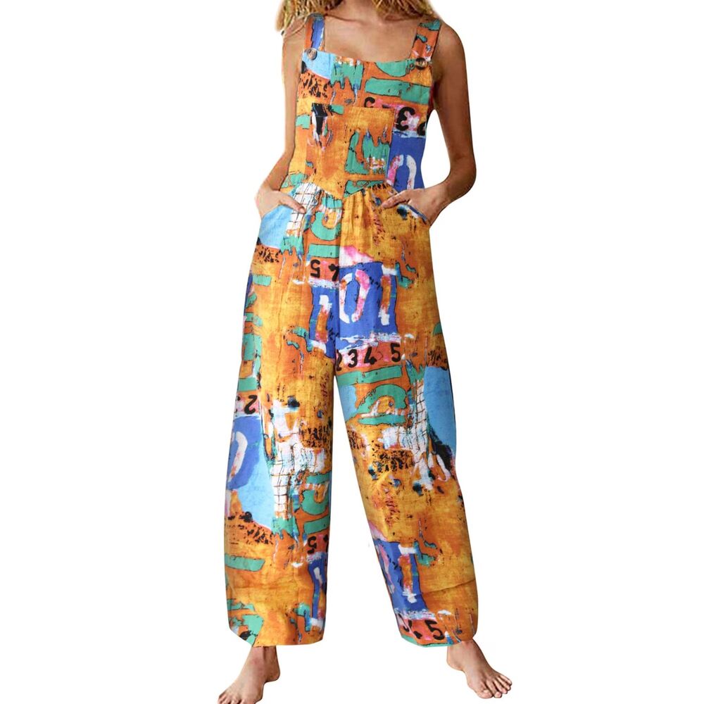 Womens Bohemian Wide Leg Jumpsuit with Pockets Overalls